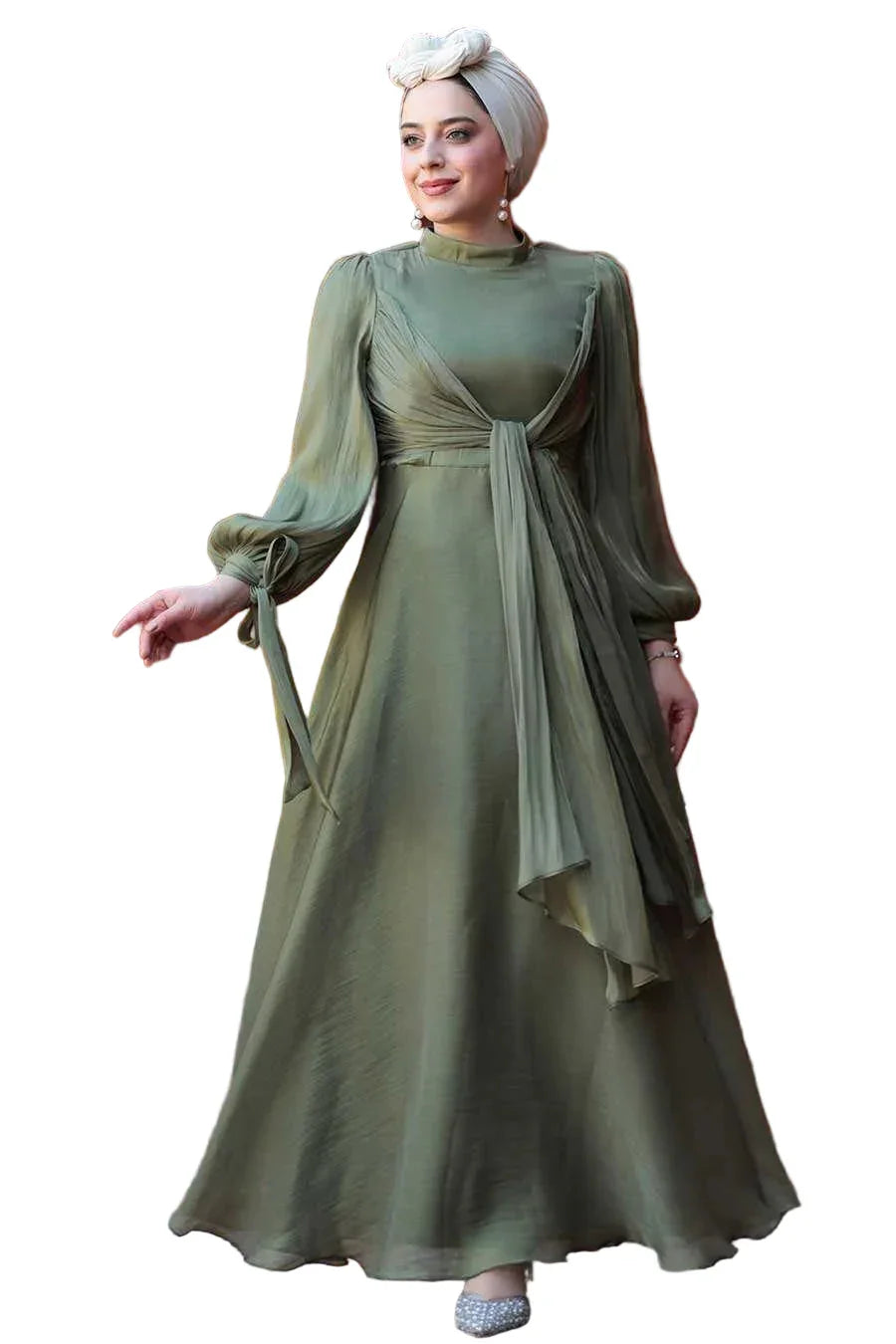 Olive Green Organza Criss Cross Gown