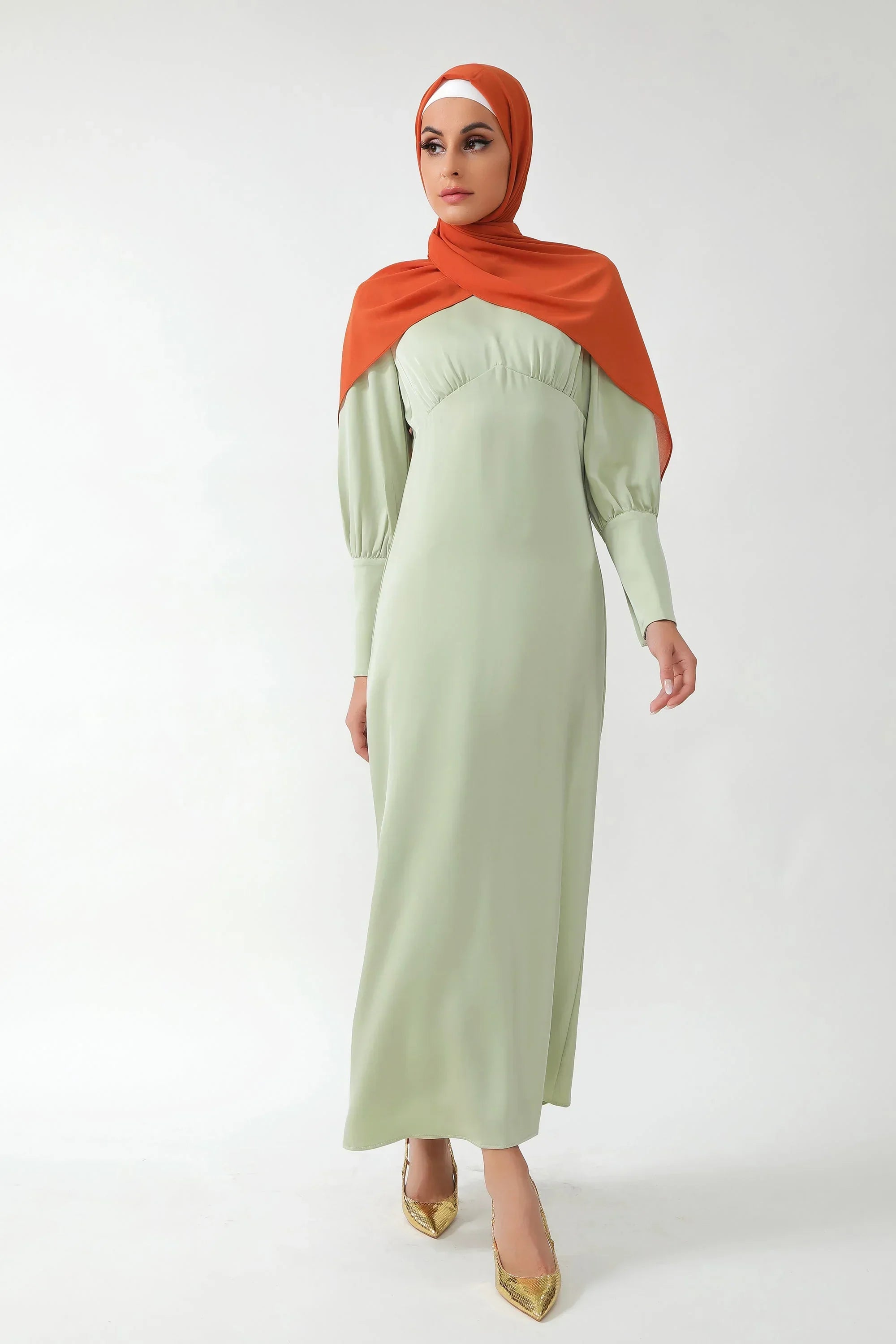 Pistachio Satin Long Sleeve Maxi Dress-CLEARANCE
