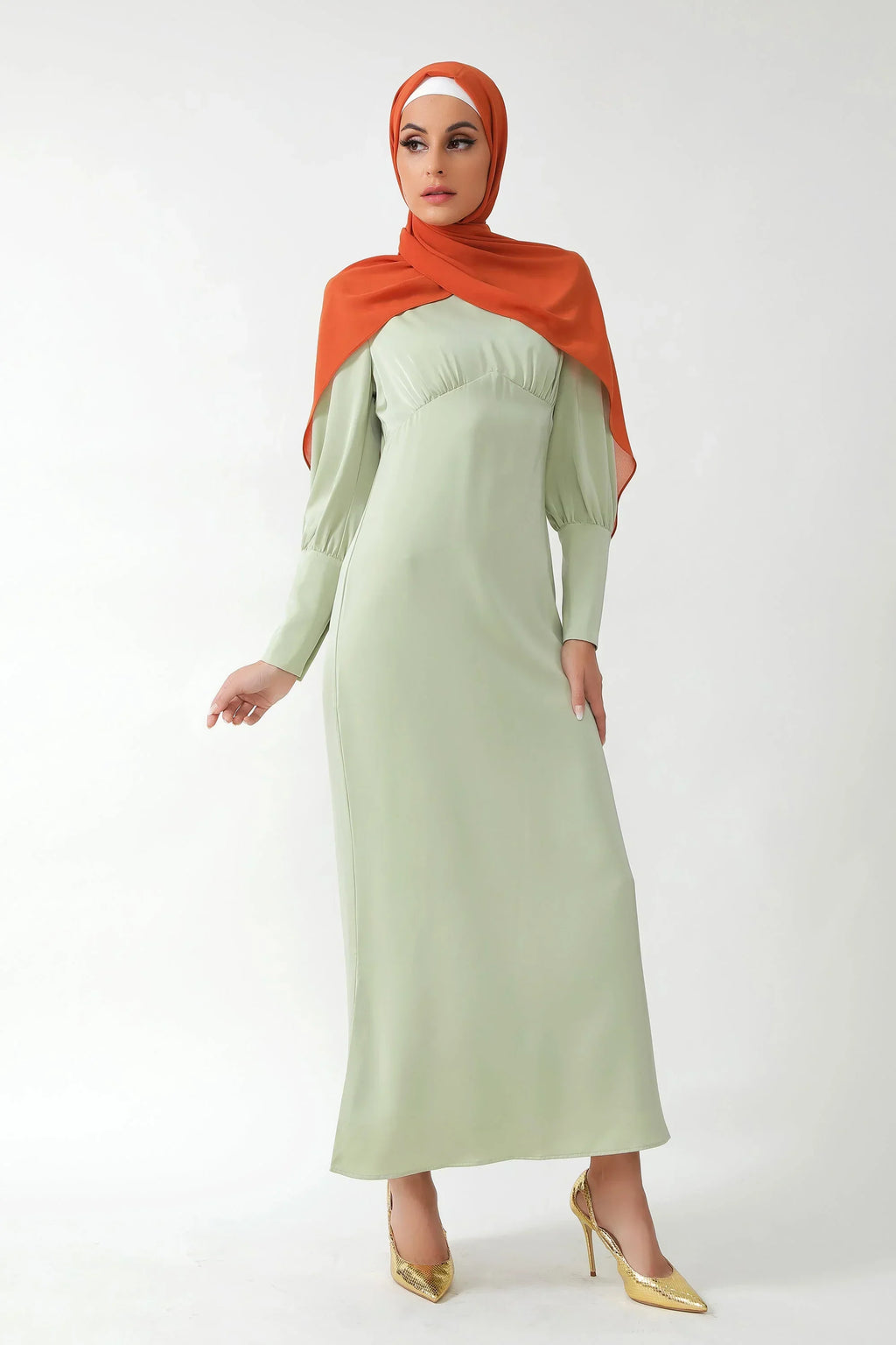 Pistachio Satin Long Sleeve Maxi Dress-CLEARANCE