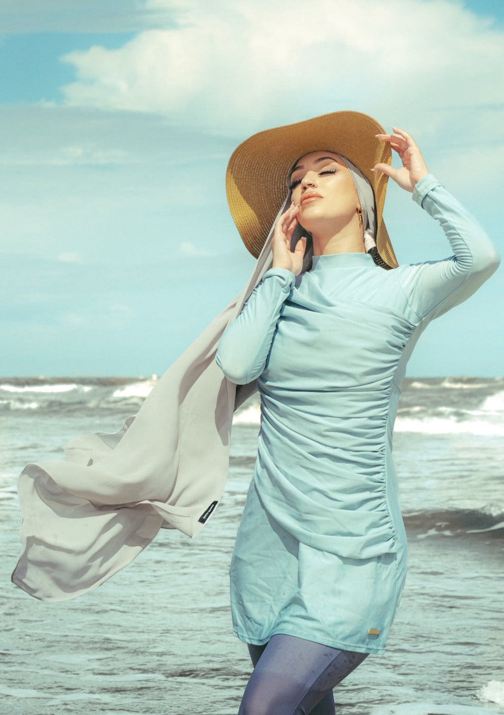 Ruched 3-piece modest swimsuit with hat on clearance