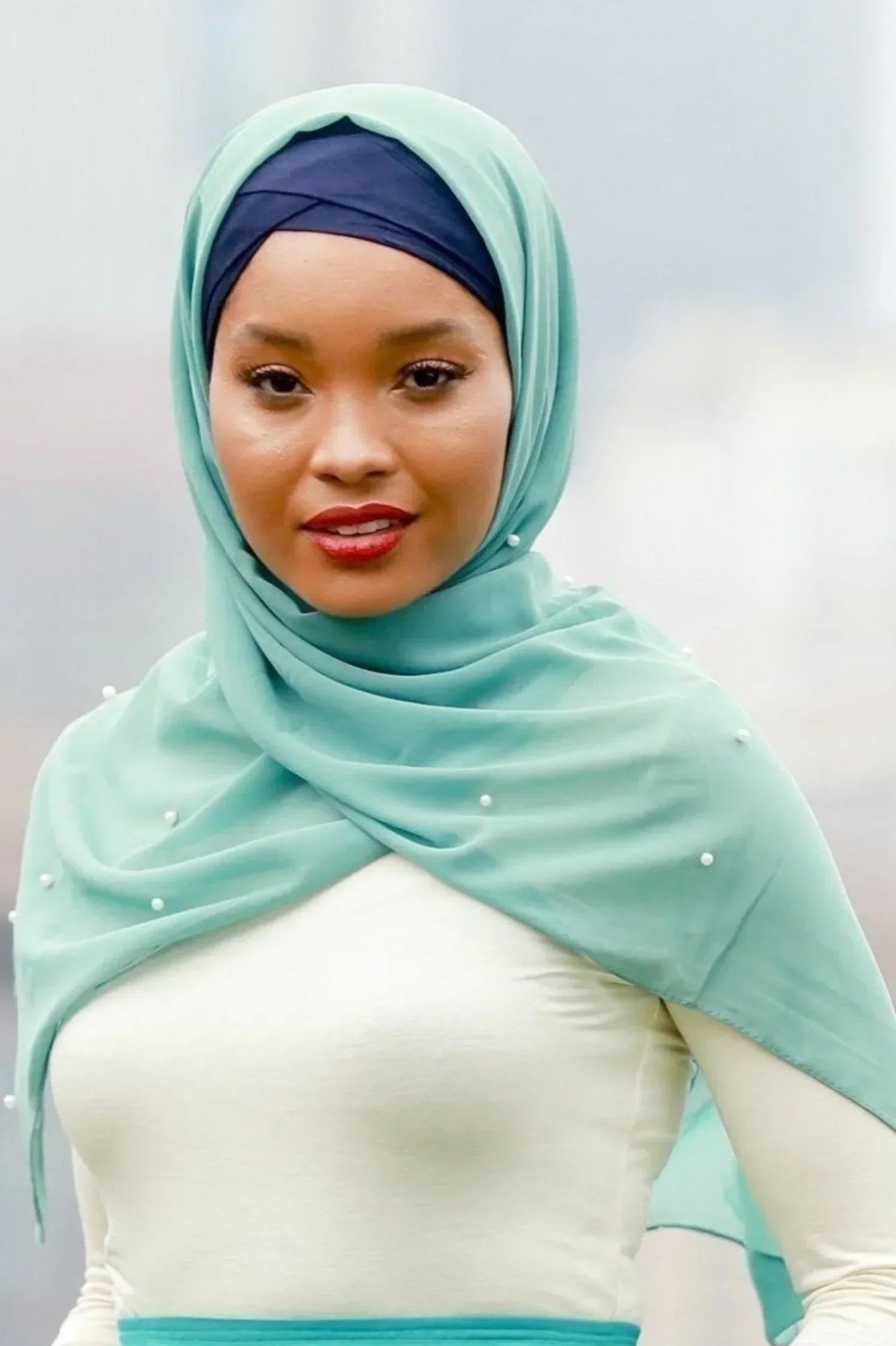 Sea Green Pearl Chiffon Hijab - Sea Green