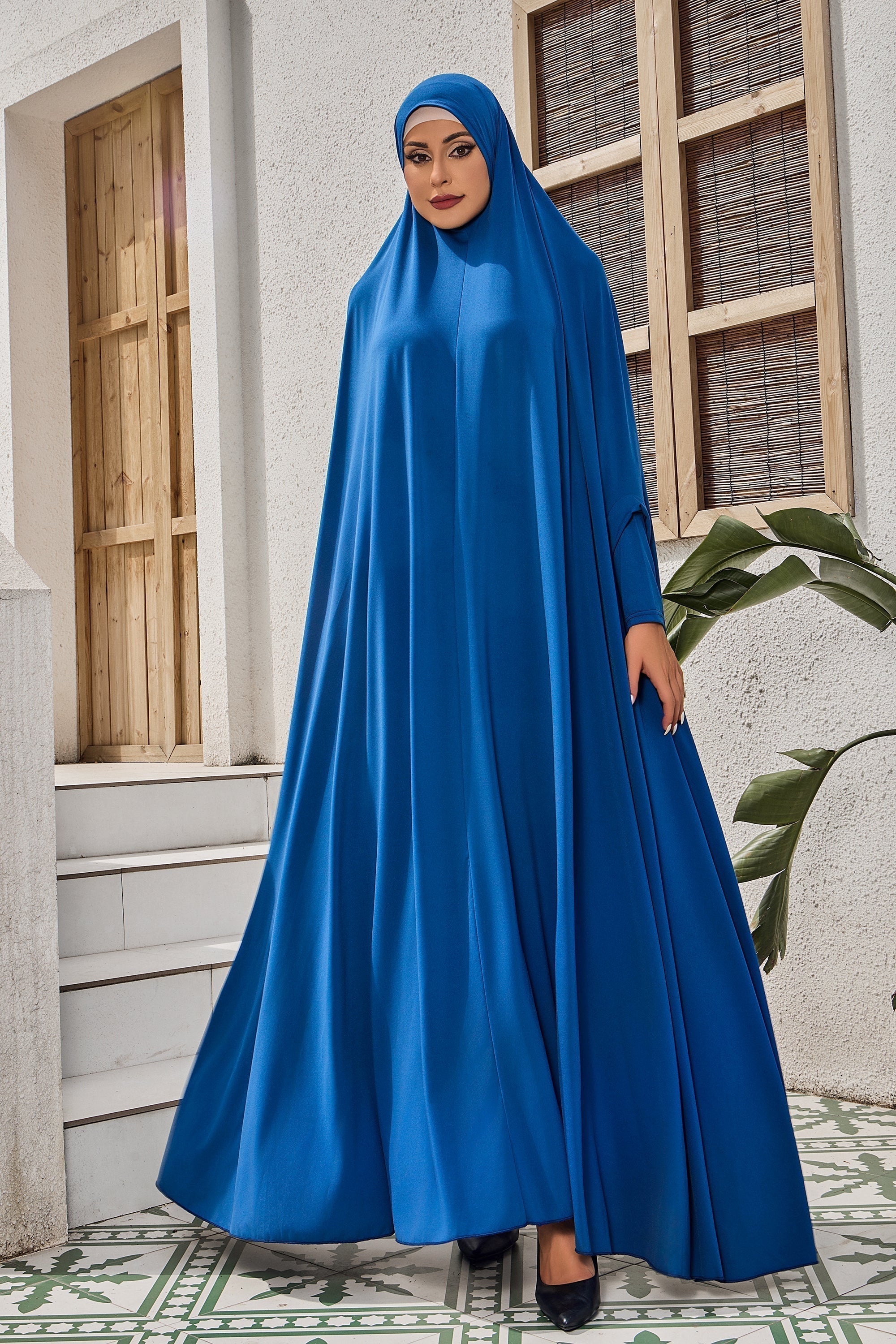 Teal modest salah prayer outfit with blue dress and head covering