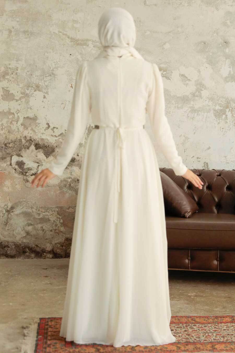 White Rhinestone Belted Chiffon Long Sleeve Gown
