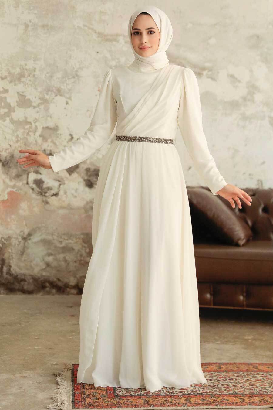 White Rhinestone Belted Chiffon Long Sleeve Gown